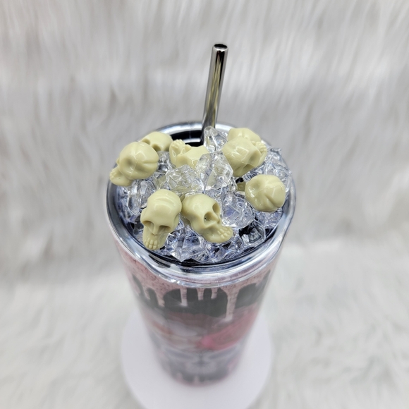 Pink gothic skulls skinny tumbler drinking cup 20 Oz. with ice topper. - Picture 3 of 5